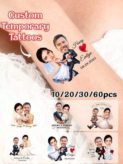 Tatuajes temporales de boda y pareja: pegatinas personalizadas para fiestas con tema de amor, celebraciones nupciales y decoración divertida para citas. Pegatinas con fotos personalizadas para bodas, cumpleaños, despedidas de soltera, recortes de caras divertidas, regalos sorpresa para ella/él, recuerdos creativos para fiestas y festivales, tatuajes falsos para eventos de regreso a clases, recuerdos de fiesta personalizados populares