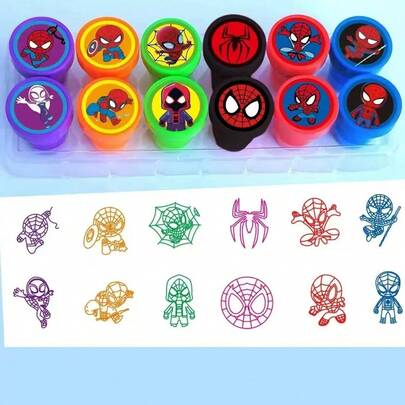 12pcs Marvel Spider-Man Themed Plastic Sticker Set, Multicolor DIY Craft Stickers For Handmade Projects, Birthday Party Favors, School Supplies, Back To School Creative Gifts