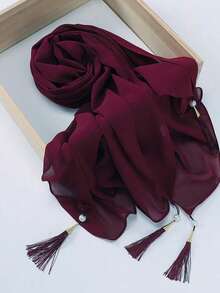 1pc Women's Pearl Pendant Tassel Chiffon Long Scarf Shawl Hijab Scarf