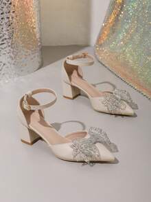 Spring New Fashion Women's Pointed Toe Wedding High Heels, Hollow Out Thick Heel Rhinestone Bow Casual Comfortable Shoes - Apricot - View 6