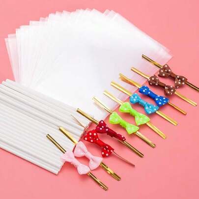 320Pcs Cake Pop Sticks And Wrappers Kit, 6inch Lollipop Sticks With Cake Pop Bags And Metallic Twist Ties Bow, Perfect For Making Lollipops,Candies,Chocolates And Cookies - Great For Parties