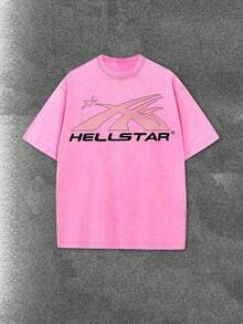 Worn-Out Washed Men's Short-Sleeved Shirt, Featuring A Pink Meteor Flame Human Face Silhouette Pattern In Letters On A Double-Sided Print, Retro Casual Loose Men's T-Shirt, Comfortable And Versatile Men's Clothing - 玫紅色 - 查看 2
