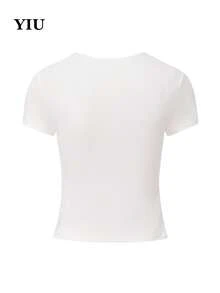 Áo thun nữ YIU cổ tròn tay ngắn màu trắng, chất liệu dệt kim, họa tiết trái cây và cá, hơi co giãn, thích hợp mặc hàng ngày vào mùa hè, hàng mới về. - trắng - Xem 7