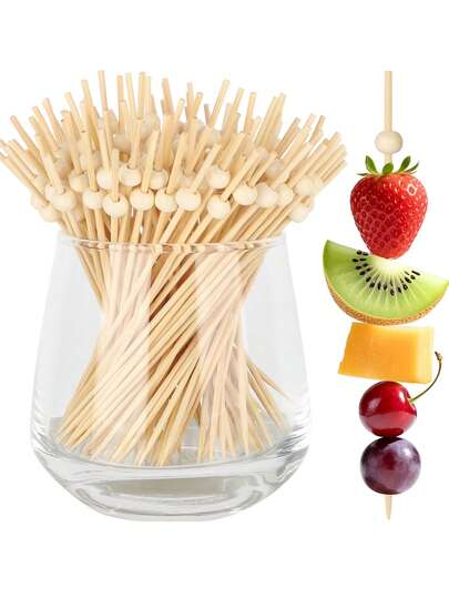100pcs Natural Wooden Ball Toothpicks, 4.7 Inch Long Bamboo Skewers, Suitable For Appetizers, Drinks, Snacks, Desserts, Fruits, Sandwiches, Cheese, Sausages, Applicable For Birthday Parties, Wedding Desserts, Cake And Cupcake Decorations, Gender Reveal Decorations, Home Fruit Decorations, Valentine's Day And More