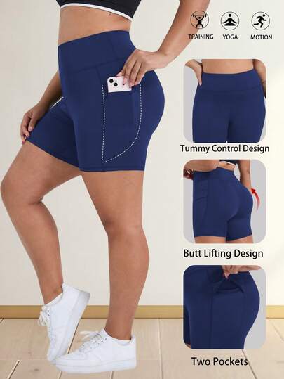 Plus Size Women's 5-Inch High Waist Tummy Control Fitness Shorts, Cycling Shorts, Workout Tight Shorts, High Waist Yoga Shorts, Solid Color, With Pockets, Suitable For Sports, Running, Fitness And Other Occasions, Spring/Summer