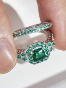 两件套波西米亚风绿色立方氧化锆订婚戒指套装，情侣款 - 婚礼和情人节的完美之选 - 戒指 - 查看 10
