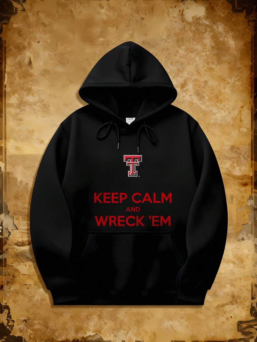 Men's Black Hoodie Keep Calm And Wreck Em Texas Tech Red Logo Sweatshirt College Football Fan Apparel For Men Sporty Casual Wear With Front Pocket And Drawstring Hood - màu đen - Xem 1