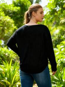 大码女式纯色简约 V 领长袖上衣