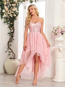 Pink Off Shoulder Asymmetric Hem Bridesmaid Dress With Floral Embroidery & Sequins, Elegant Party Gown For Women, Formal Ball Gown, Cocktail Dress, Birthday Party, Wedding Guest, Graduation, Banquet Spring - hồng - Xem 6
