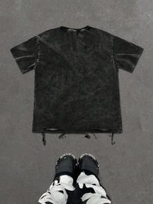 1 pieza Camiseta gráfica "Richboy" desgastada para hombre, con lema motivacional y diseño de estrella, bajo deshilachado, corte holgado, adecuada para uso casual diario y urbano - Negro - Ver 2