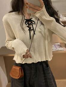New Drawstring Design Long Sleeve Sweater Women, Knitted Pullover Top - Medium Apricot Color - View 2
