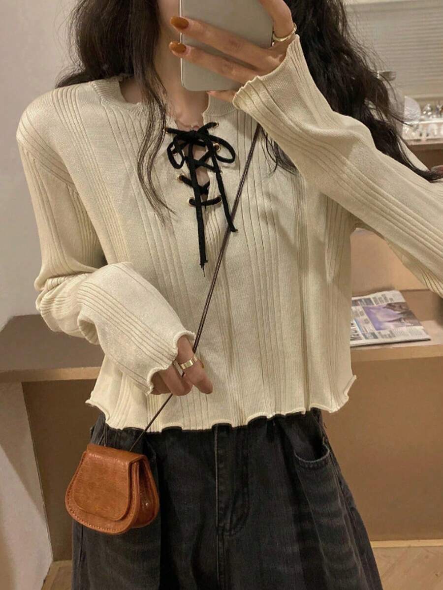 New Drawstring Design Long Sleeve Sweater Women, Knitted Pullover Top