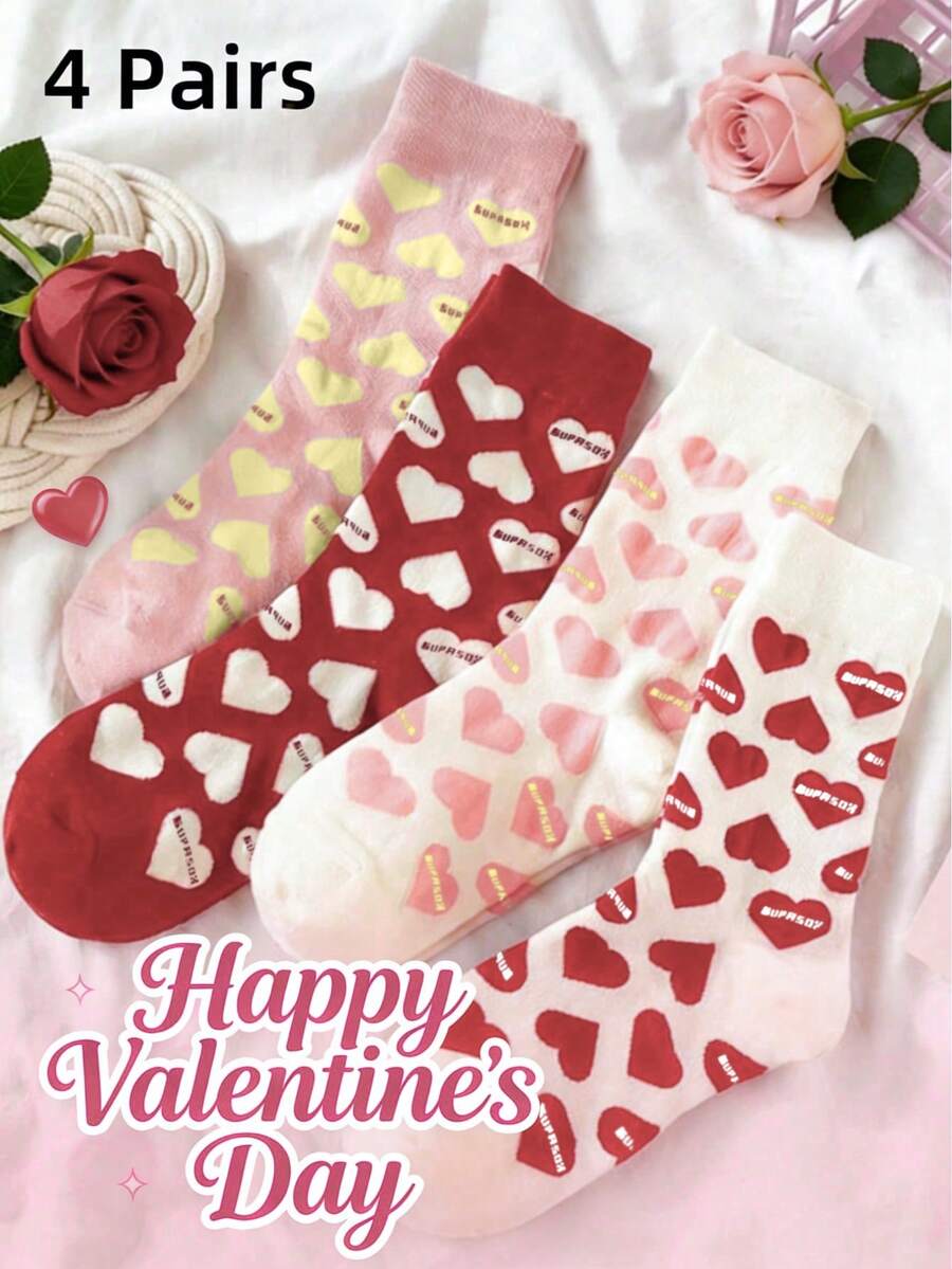 4双装纯棉爱心字母印花中筒袜，适合儿童和青少年，学院风，百搭，适合情人节派对 - 彩色 - 查看 1