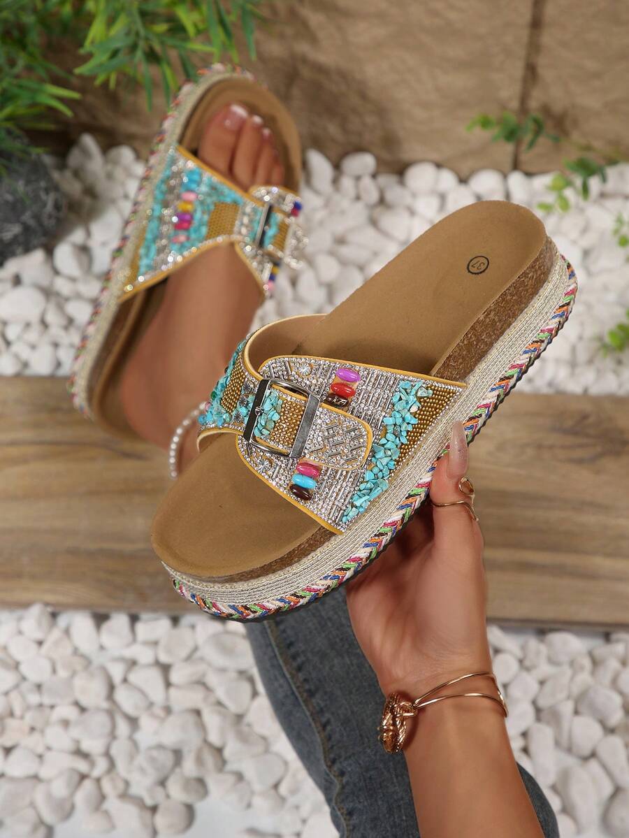 2026 Spring/Summer New Women's Sandals, Double Buckle, Rhinestone Fashion Thick-Sole Slippers, Random Floral Pattern, Essential For Vacation & Beach, Suitable For All-Day Wear