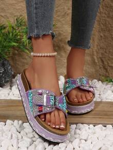2026 Spring/Summer New Women's Sandals, Double Strap, Rhinestone Fashionable Thick-Soled Slippers, Random Floral Patterns, Essential For Vacation & Beach, Suitable For All-Day Wear - Purple - View 6