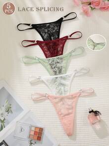5pcs Sexy Lace Metal Chain Comfortable Women's Thong Panties - Multicolor - View 1