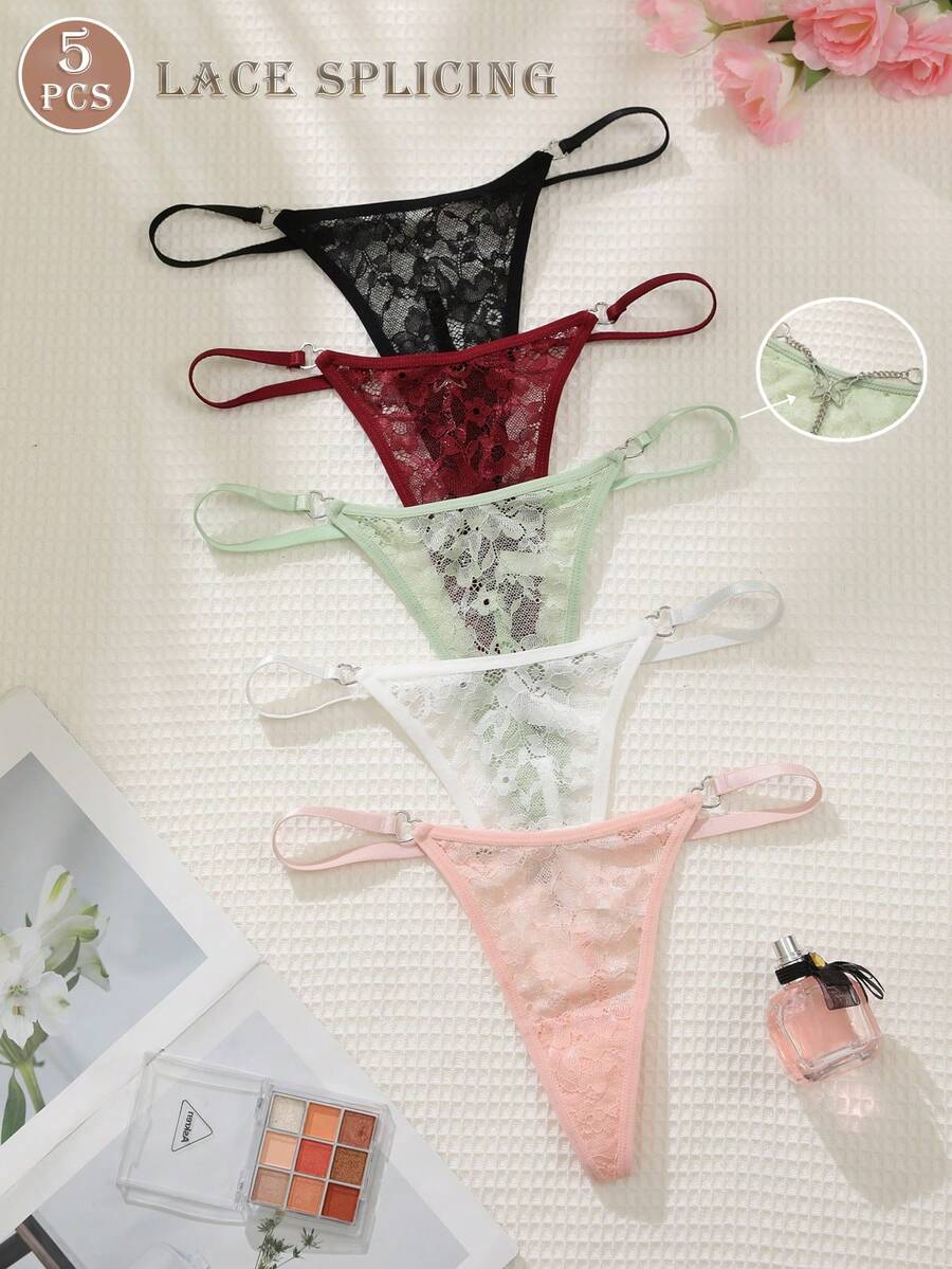 5pcs Sexy Lace Metal Chain Comfortable Women's Thong Panties - Multicolor - View 1