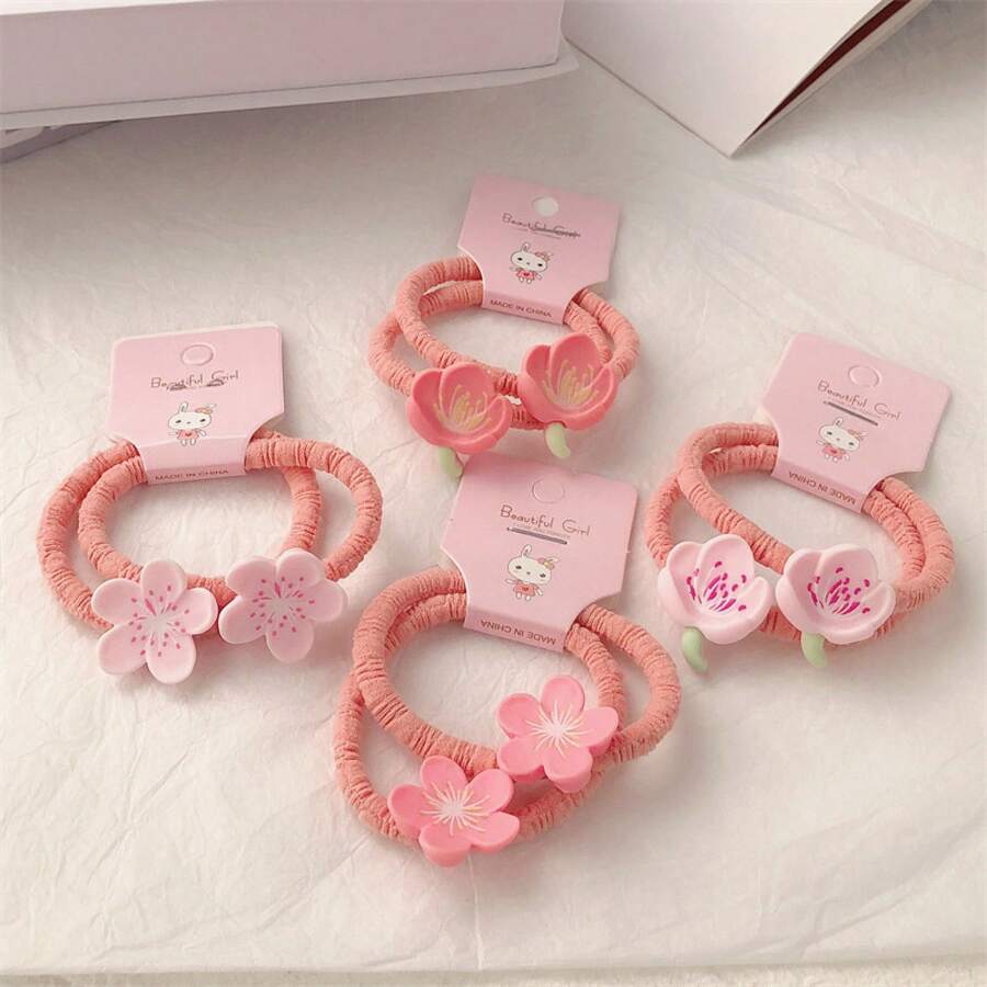Cute Floral Hair Tie Set - Sweet Korean Style High Elastic Headband, Perfect For Ponytails, Hair Bands For Girls, Hair Accessories - 790 Lily Pink Pair - Xem 1