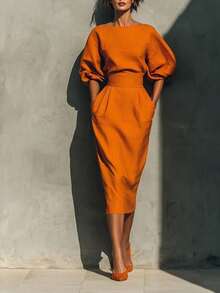 Vestido de mujer elegante tipo A con cuello barco y manga globo - estilo retro en colores vivos para primavera-verano - Naranja - Ver 9