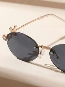 Shadewire 1 paire de lunettes de soleil noires ovales sans monture ornées de strass, unisexes, pour fête, voyage, festivals, sports, conduite, plage, vacances, streetwear, vintage rétro - Cendres d'or - Voir 4