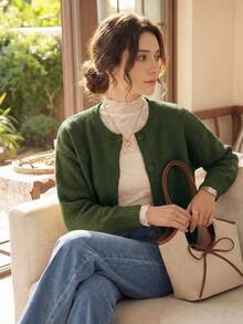 Knit Mix Áo khoác cardigan dệt kim dáng rộng kiểu Pháp thanh lịch, dành cho nữ, cổ tròn, tay dài, màu trơn, thích hợp mặc ngoài dịp Giáng sinh, Lễ Tạ ơn, Năm mới, Thu/Đông. - Màu xanh lá cây đậm - Xem 10