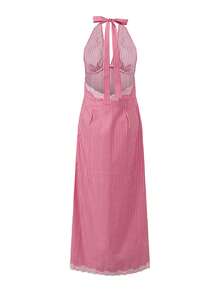 Women Long Dress, Sleeveless Halterneck Backless Lace Trim Plaid Dress For Cocktail Party - 紅色 - 查看 2