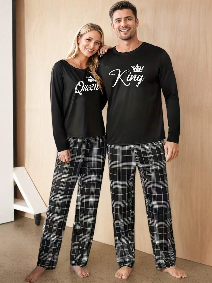 [MEN/WOMEN]Couple Style King And Queen Letter Print Autumn Winter Women's Long Sleeve Men's Long Sleeve Homewear Set Men's Set Or Women's Set (One Piece) - Cô - Xem 1
