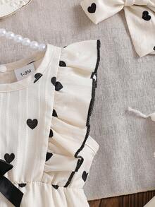 2 piezas Conjunto de ropa casual de verano para niñas bebé: Body sin mangas con estampado de corazón y ribete de volantes, diadema con decoración de lazo de cinta - Albaricoque - Ver 5