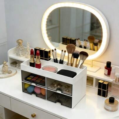 1pc ABS Material Makeup Organizer Box, Large Capacity Makeup Storage Box, Desk Organizer Box With Drawers, Suitable For Vanity, Cabinet, Bathroom Counter To Store Makeup Brushes, Lotions, Lipsticks, Perfumes, Also Can Be Used As Bathroom Accessories, Room Decor Or Holiday Gift