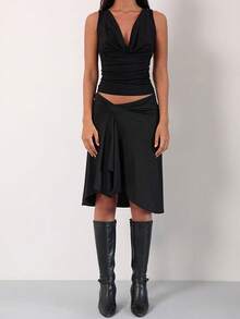 Women's Striped Midi Skirts Y2K Low Waist Ruffle Flowy A-Line Skirt Elegant Asymmetrical Knee Length Skirts Summer Going Out Beach Party Streetwear - màu đen - Xem 3