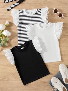 3pcs/Set Young Girl Casual Striped Sleeveless T-Shirt Tops, Fashion For Spring/Summer - Multicolor - View 1