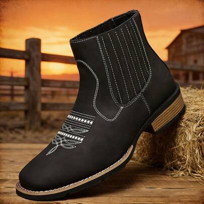 Botas Chelsea de hombre con bordado occidental negro, botas de tobillo casuales con puntada retro