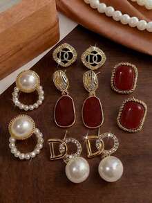 5对奢华时尚百搭红色几何耳环，复古精致水钻和仿珍珠耳环套装，适合女士日常和节日佩戴 - 五件套 - 查看 1