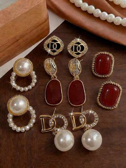 5对奢华时尚百搭红色几何耳环，复古精致水钻和仿珍珠耳环套装，适合女士日常和节日佩戴