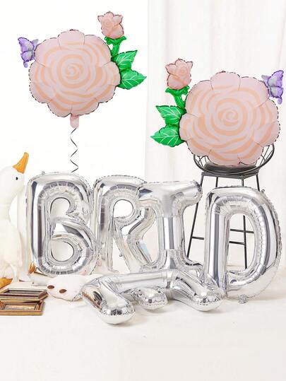 7件套婚礼装饰气球套装，包含16英寸银色字母气球“BRIDE”、玫瑰花气球，适用于婚礼装饰、生日派对、聚会装饰、女孩生日派对装饰、新娘送礼会、周年纪念、派对装饰、拍照装饰、单身派对装饰、网红户外拍摄装饰
