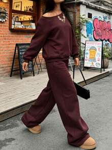 Women's Burgundy Spring 2 Piece Set Matching Tracksuit Oversized Crew Neck Long Sleeve Sweatshirt & Drawstring Waist Wide Leg Sweatpant For Valentine's Day, Daily & Going Out - Burgundy - View 4