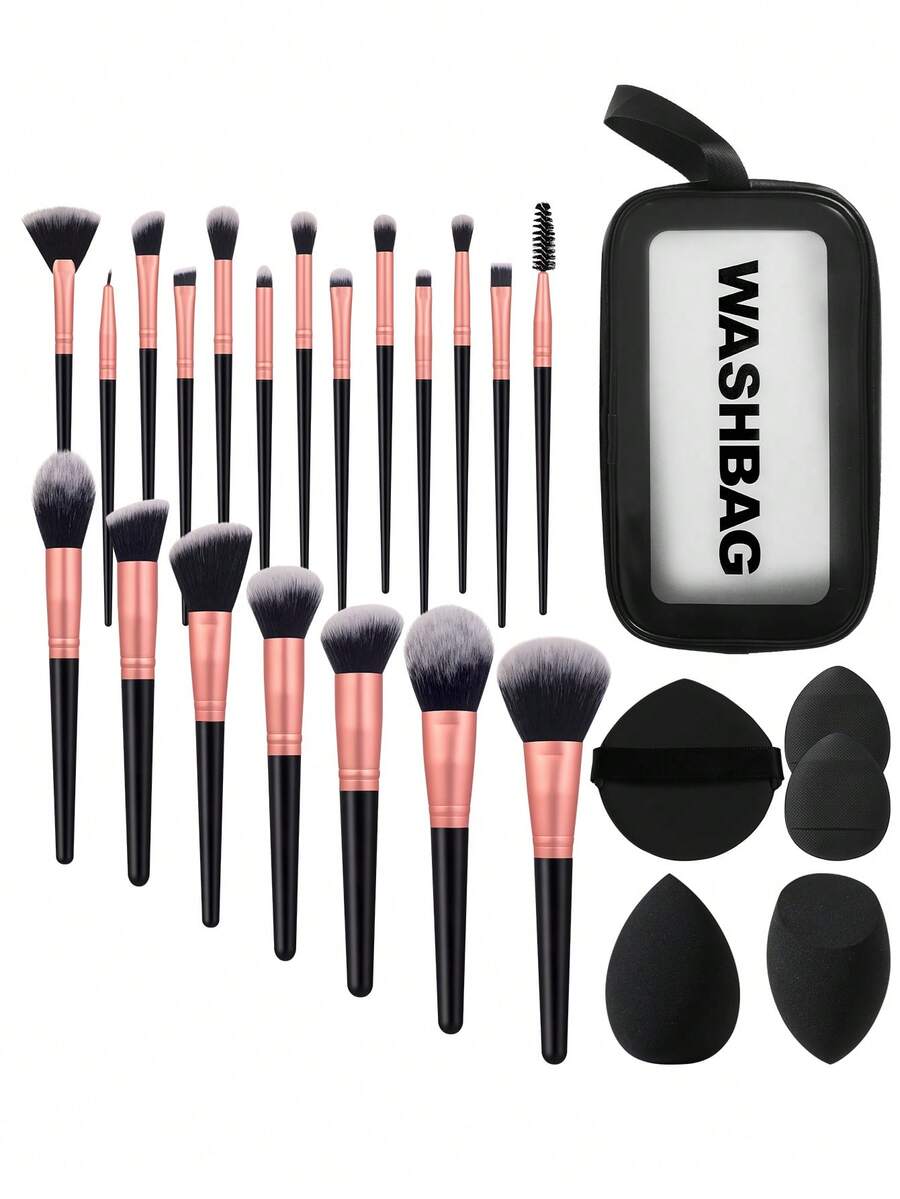 Eid Al-Fitr 26pcs/1pc Complete Makeup Brush Set, Including 20 Soft Brushes Such As Powder Brush, Blush Brush, Contour Brush, Highlighter Brush, Foundation Brush, Nose Shadow Brush, Eyeshadow Brush, Eyebrow Brush, Lip Brush, And Detail Brush + 1 Travel Waterproof Makeup Bag + 1 Sponge Puff + 2 Liquid Beauty Eggs + 2 Finger Puffs, Suitable For Beginners, Professional Makeup Artists, And Novice Beauty Practice Scenarios - Black - View 1