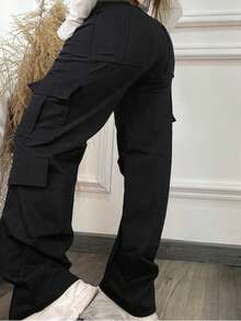 Black Multi-Pocket Buttoned Casual Y2K Leisure Elegant And Cute Work Pants. Suitable For Back-To-School, Clubs, Birthday Parties, Halloween, New Year, Thanksgiving, Concerts, Gyms, Beaches, Vacations, Business, Daily Airport Wear, Street Style, Teacher's Day, Spring, Summer, Autumn And Winter. - Black - View 6