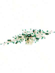 1pc Women's Handmade Green Glass Long Hair Comb Headpiece Bride Wedding Party Elegant, Crown Combs Hair Side Comb, School Stuff, College, Hair Accessories - Green 2 - 查看 2
