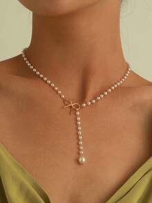 1件简约领结，仿珍珠流苏吊坠项链，简约优雅设计，适合作为女友/情人节/周年纪念礼物