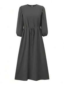 Plus Size Arabic Style Long Sleeve Round Neck Woven Loose Dress Spring - Dark Grey - View 4