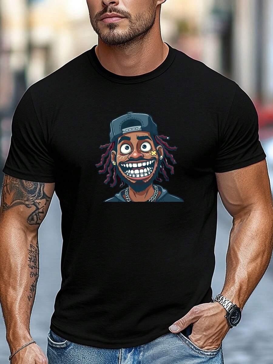 Camiseta Gráfica-Hop para Hombre - Diseño de Personaje de Dibujos Animados Vibrante Cuello redondo casual. Camiseta de verano transpirable. Ajuste Regular. Blanco con estampado colorido. Ligero; Elegante para atuendos casuales - Negro - Ver 1