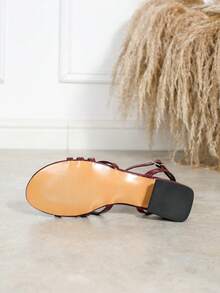 Women's Round Toe Criss-Cross Strap Low Heel Sandals, Metal Material Backstrap With Metal Buckle, Versatile For Commuting And Dating, Comfortable Non-Slip Chunky Heel Slides - Burgundy - View 7