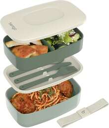 Stackable 3 Compartment Lunch Box With Utensils Strap Khaki Green Bento Container For Adults - Khaki Green - View 8