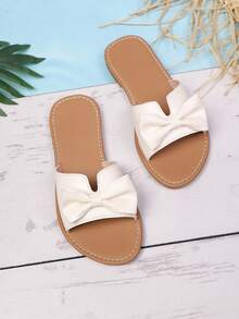 甜美蝴蝶结舒适露趾凉鞋，适合幼儿和大童，适合外出、度假、日常搭配连衣裙、宝宝玩水、海滩，简约平底凉鞋 - 米色 - 查看 15