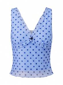 Women's Summer Crop Tank Tops Dot Print Sleeveless V-Neck Frill Slim Fit Vest For Party - Màu xanh lam - Xem 1