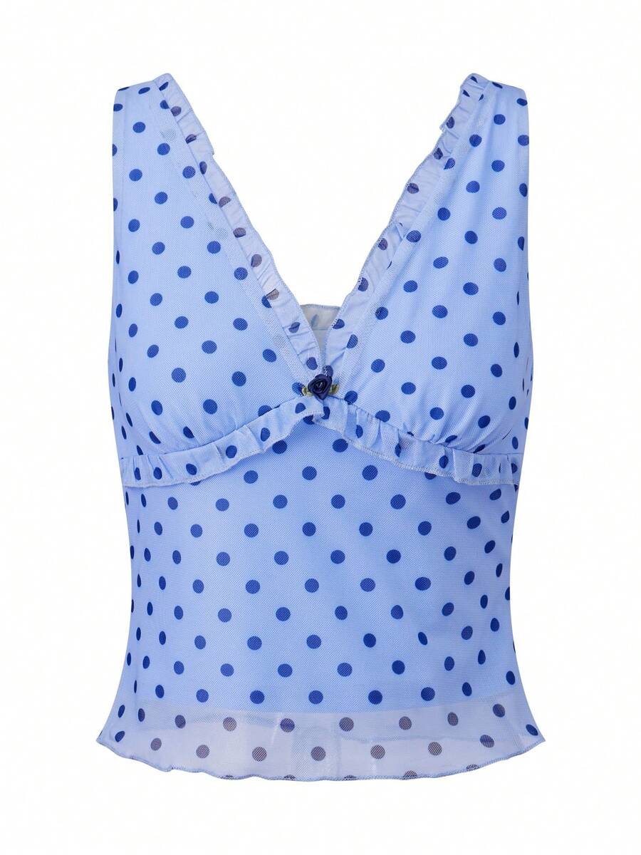 Women's Summer Crop Tank Tops Dot Print Sleeveless V-Neck Frill Slim Fit Vest For Party - Màu xanh lam - Xem 1