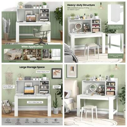 Computer Desk With Storage Bookshelf, Wooden Study Table Writing Workstation With Management Hole, PC Laptop Table Working Desk Home Office Bedroom White