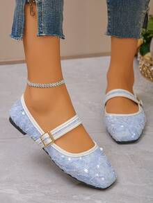 Plus Size EU35-43 Fashionable Sequin Square Toe Flat Shoes, Slip-On Daily Wear Flat Shoes With Buckle, Suitable For Dresses, Multiple Colors & Patterns Available, Spring/Autumn - Light Blue Lace With White Sequins - View 6