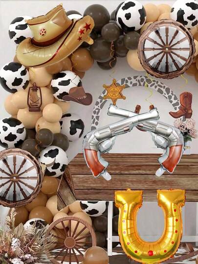 6pcs Western Theme Birthday Party Decoration Set, Includes Brown Cowboy Hat Balloons, Horseshoe Balloons, Wagon Wheels And Six Shooter Balloons, Suitable For Western Theme Balloon Birthday Party Decor, Bachelor/Bachelorette Party Decor, Farm Decor